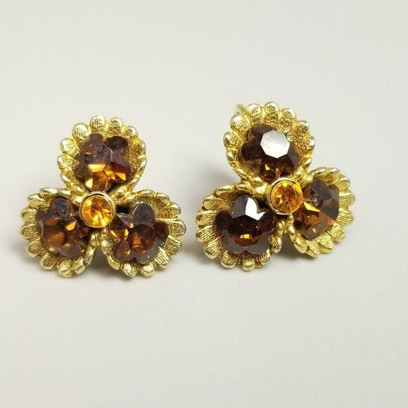 Vintage Dark Orange Rhinestone and Gold Tone Clip On Earrings, Retro Unsigned - Picture 7 of 7